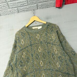 Claiborne Vintage Mens XL Green Blue Geometric Diamond Knit Crewneck Sweater